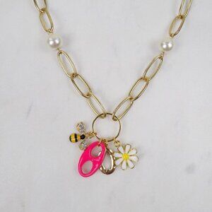 nwt charm necklace paperclip link chain enamel charms stars daisies neon pearls